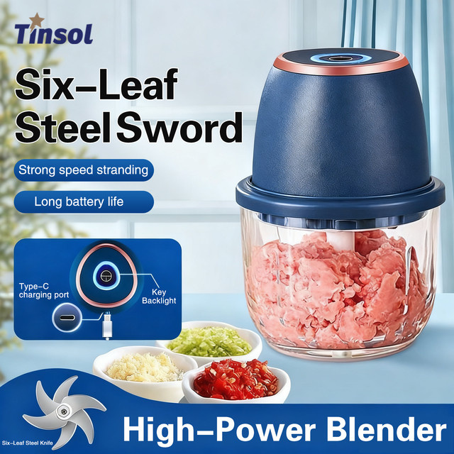 TINSOL Elektrischer Lebensmittelzerkleinerer in Blau mit 350 ml Volumen, USB-aufladbarer Multifunktionsmixer für Küche und Haushalt - Bild 1
