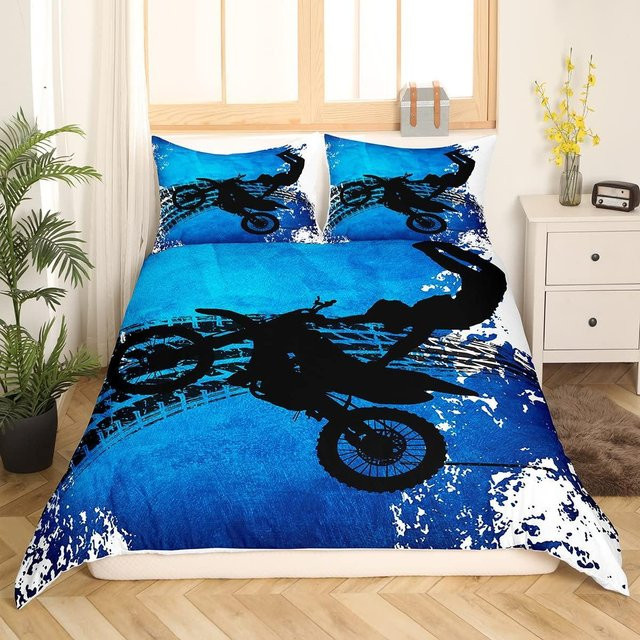 Motocross Bettwäscheset Binchi Outdoor Product in Blau, 3-teiliges Set mit Bettbezug und Kissenbezügen aus Mikrofaser für Extremsport-Fans, B/B: 155 x 215 cm - Bild 1
