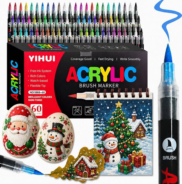 60 Farben Acryl-Marker mit weicher Pinselspitze, wasserfeste Stifte für DIY-Bastelarbeiten auf Stein, Holz und Ostereiern, Mehrfarbig - Bild 1