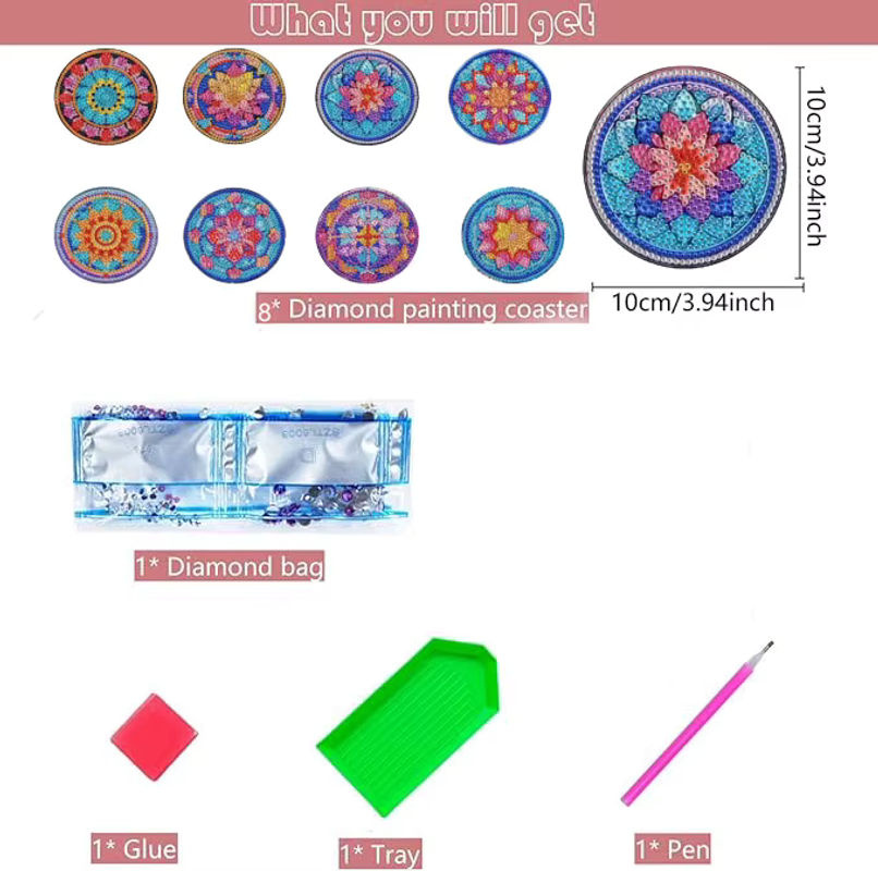 8-teiliges DIY-Diamant-Malerei-Kunstset mit Mandola-Mosaik-Untersetzern in Mehrfarbig, Bohemian-Design aus Kunststoff - Bild 2