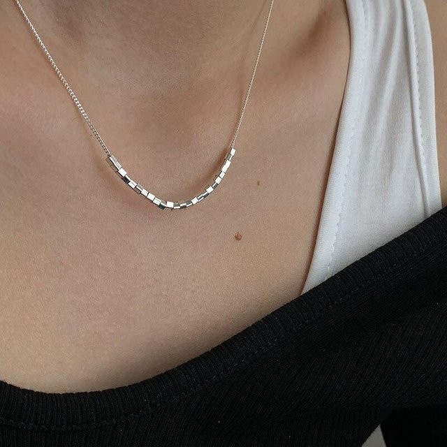 Halskette 925 Sterling Silber, Quadratische Würfel Perlen, Damen, grau - Bild 1