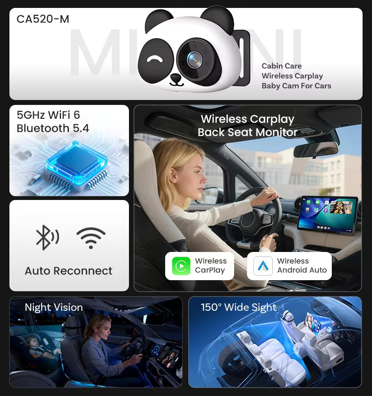 Cabin Care Kabelloser CarPlay-Adapter und 1080P Baby-Autokamera mit 150 Grad Weitwinkel für Echtzeit-Sitzüberwachung - Bild 2