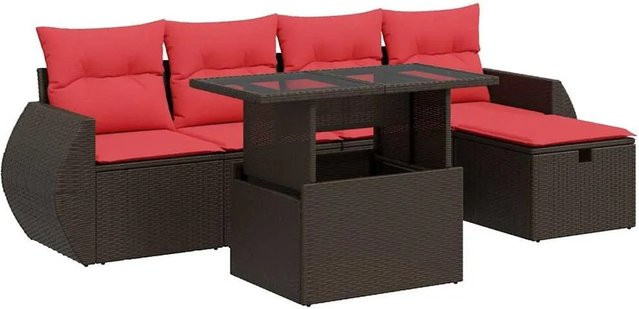 vidaXL 6-teilige Garten-Sofagarnitur aus Polyrattan in Braun mit Kissen und Couchtisch - Bild 1