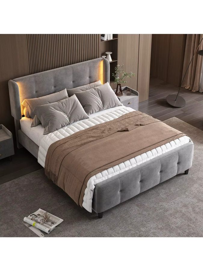 Luxuriöses Doppelbett mit Samtpolsterung in Grau inklusive RGB 16-Farben Smart-LED-Unterbettbeleuchtung und verstellbarem Kopfteil, B/T/H: 140 x 200 cm - Bild 3