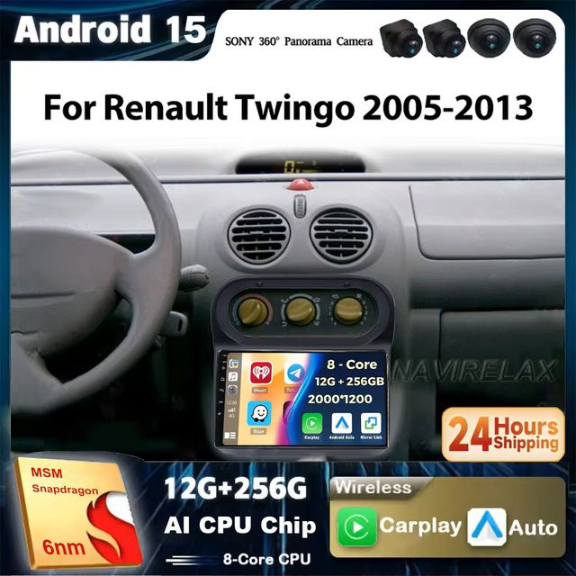TIEYEZ Android 15 Multimedia-Autoradio mit CarPlay und GPS für Renault Twingo 2005 - 2013, 8-Kern Prozessor, 4G Navigation und Stereoanlage in Schwarz - Bild 1