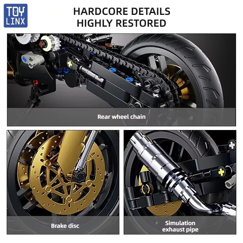 TOYLINX Technic Motorrad-Bausteine, 703-teiliges Set, Maßstab 1:10, Schwarzgold - Bild 4