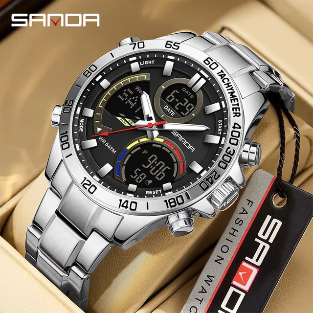 SANDA Armbanduhr Digital, Quarz, Edelstahl, Schwarz, Herren - Bild 1