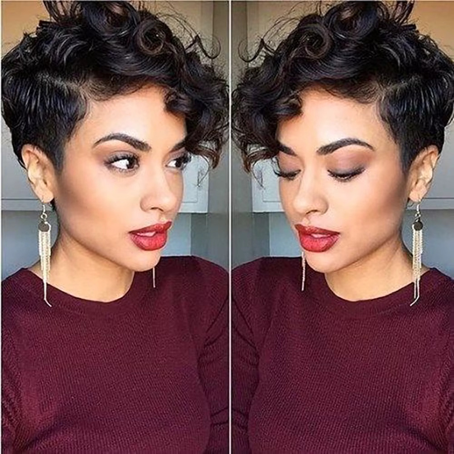 OYM HAIR Pixie-Perücke, Echthaar, schwarz, kurz, lockig, Damen - Bild 3