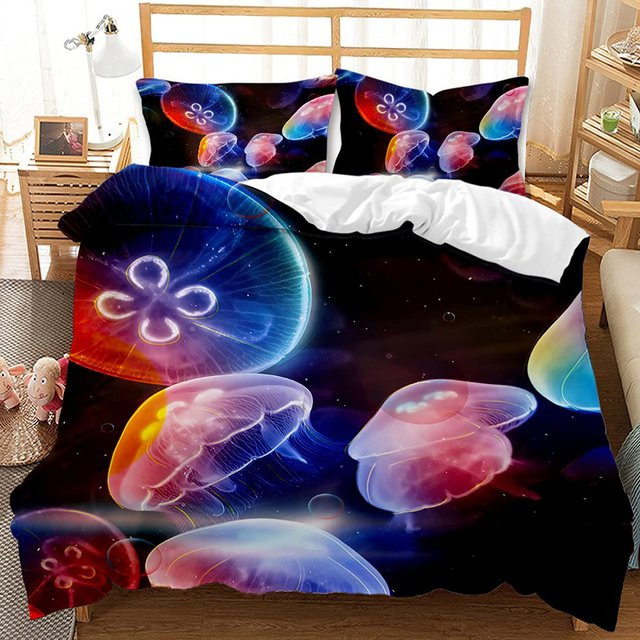 Wucifang Bags Bettwäsche-Set Königin-Quallen in Blau mit Meeres-Tier Motiv für Kinder und Teenager, Material Mikrofaser, B/H: 200 x 200 cm - Bild 1