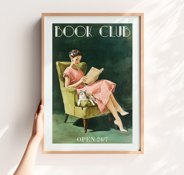Vintage Book Club Wandkunst Retro Poster mit lesender Frau und Katze als Mehrfarbiger Digitaldruck - Bild 1