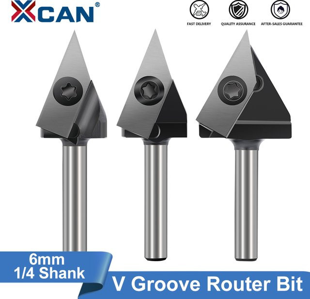 XCAN V-Nut-Fräser mit Hartmetall-Einsatz für Holzgravur, 45/60 Grad, 6mm Durchmesser, 1/4 Schaft, Farbe: Silber - Bild 1