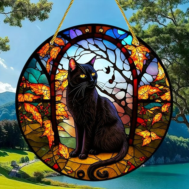 Potdemiel Rundes Acrylschild mit schwarzer Katze als Sonnenfänger und Wandbehang, Durchmesser: 20 cm - Bild 1