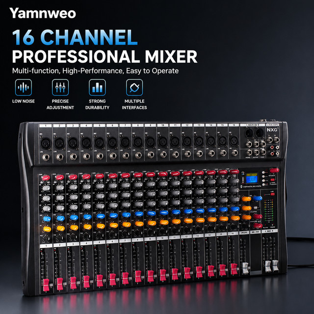 Yamnweo CT160 Professioneller 16-Kanal Audio-Mixer in Schwarz mit Bluetooth, USB MP3-Wiedergabe, 3-Band-EQ und 48V Phantomspeisung für Studioaufnahme, DJ-Bühnen und Live-Übertragungen - Bild 1