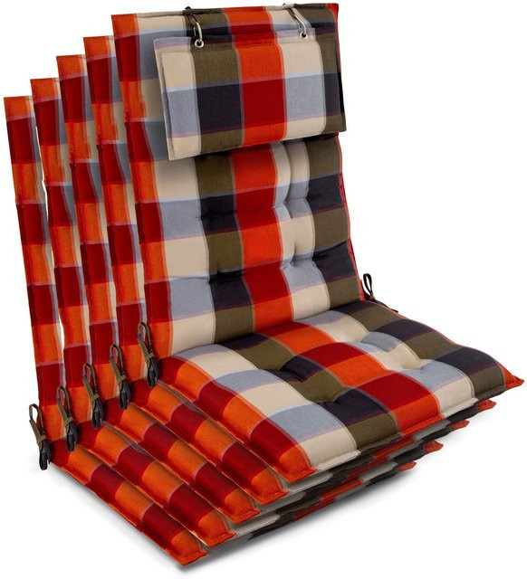 Beautissu 5er Set Sun-HL Hochlehner Auflage Orange-Beige-Kariert, B/T/H: 120 x 50 x 8 cm - Bild 1