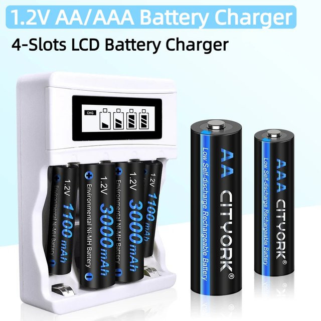 CITYORK Smart Batterieladegerät mit LCD-Display für 1,2V AA und AAA Ni-MH Akkus, 4-Slot Ladegerät in Weiß - Bild 1