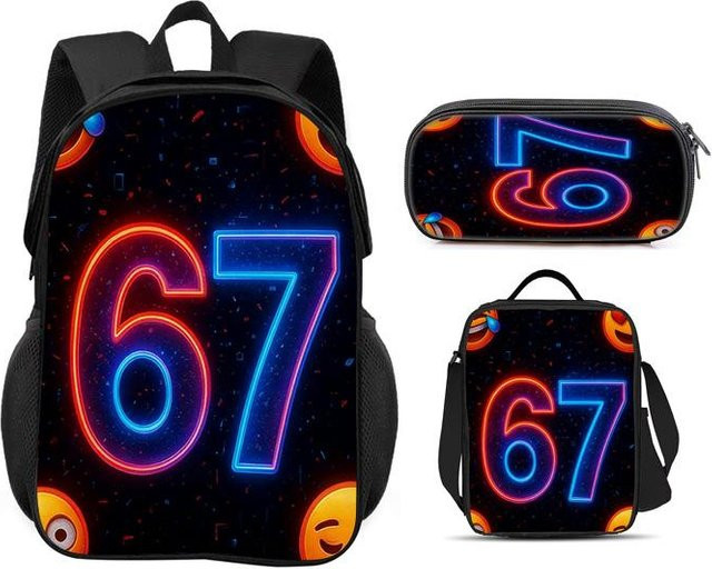 3-teiliges Set aus Rucksack, Federmäppchen und Kühlpack von Fancy Style Studio mit Cartoon-Print in Multicolour für Studenten und Studenteninnen - Bild 1
