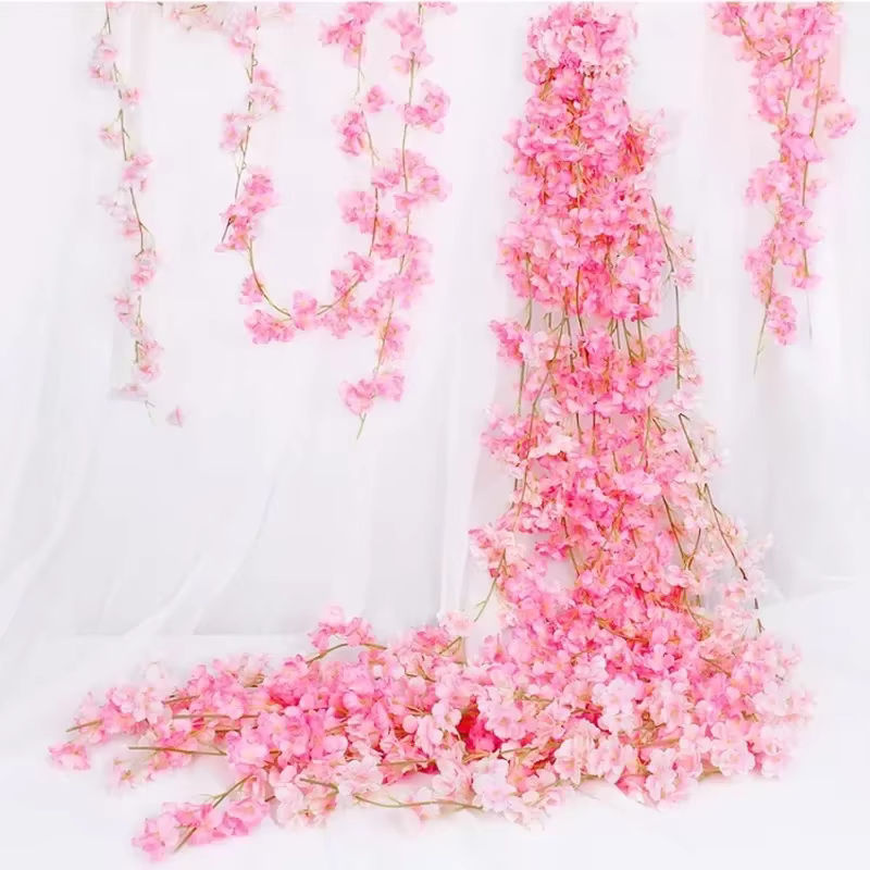 Künstliche Kirschblüten-Girlande aus Seide und Rattan in Rosa, hängende Sakura-Blumenranken für Hochzeit und Dekoration, Länge: 180 cm - Bild 2