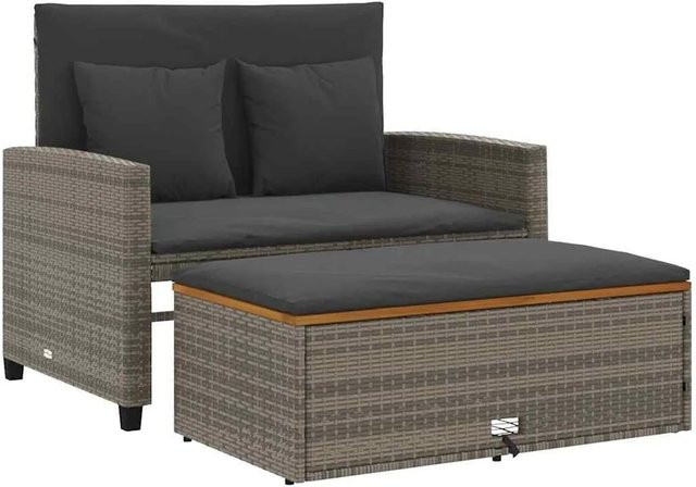 vidaXL Gartensofa 2-Sitzer aus Poly Rattan und Akazienholz in Grau mit Kissen und Hocker - Bild 1