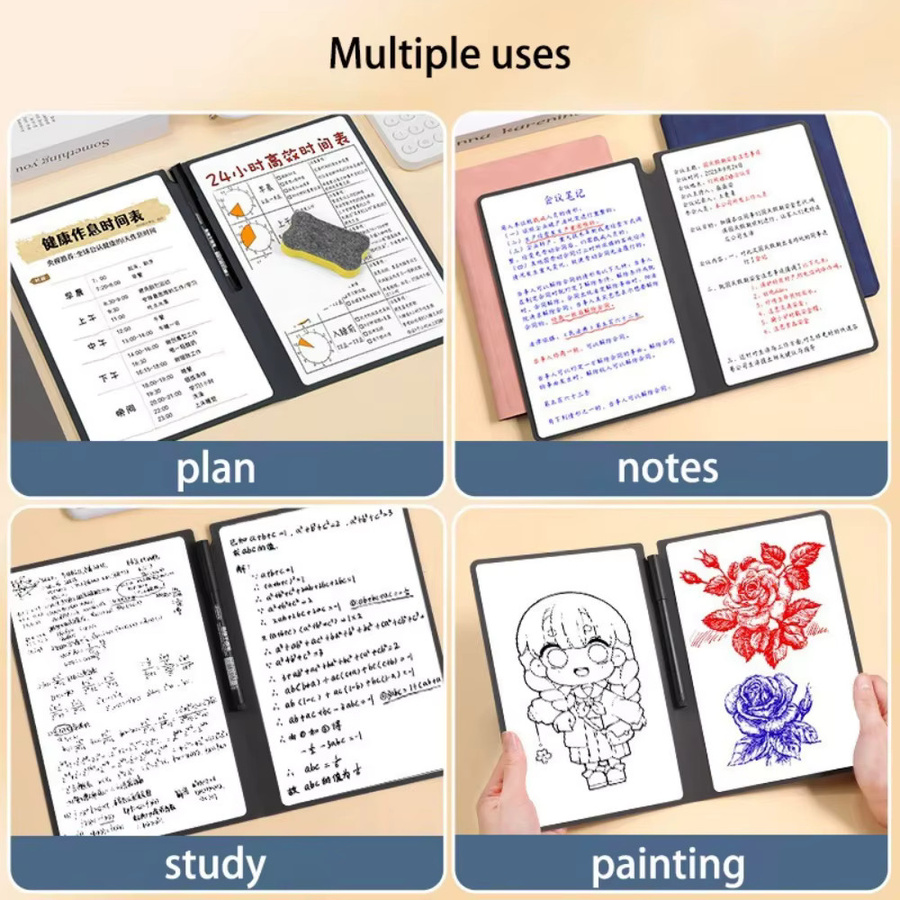 Wiederverwendbares A5 Whiteboard-Notizbuch-Set aus Kunstleder mit Whiteboard-Stift und Löschtuch in Schwarz - Bild 2