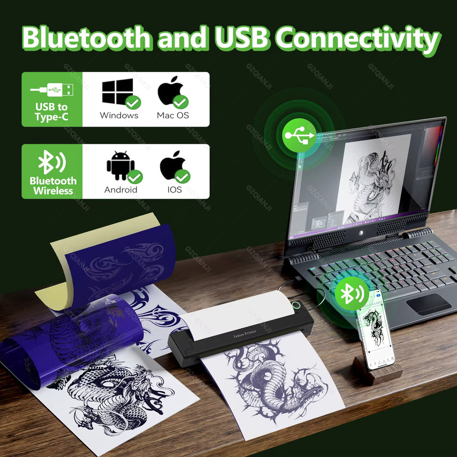GZQIANJI Tragbarer A4 Thermo Transfer Tattoo Drucker mit Bluetooth, 203dpi, Schwarz, Kompatibel mit Android und iOS - Bild 2