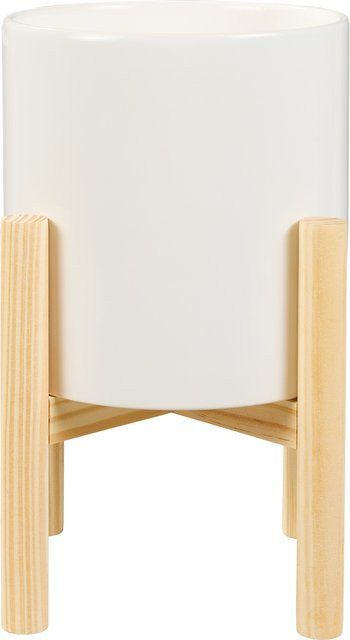 LIVARNO HOME Übertopf aus Keramik und Kiefernholz in Weiß, Dunkelgrau und Braun, B/T/H: 32,0 x 26,0 x 19,5 cm - Bild 1