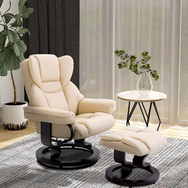 HOMCOM Relaxsessel mit Hocker in Creme, drehbarer Fernsehsessel mit Liegefunktion aus Kunstleder und Metallgestell - Bild 2