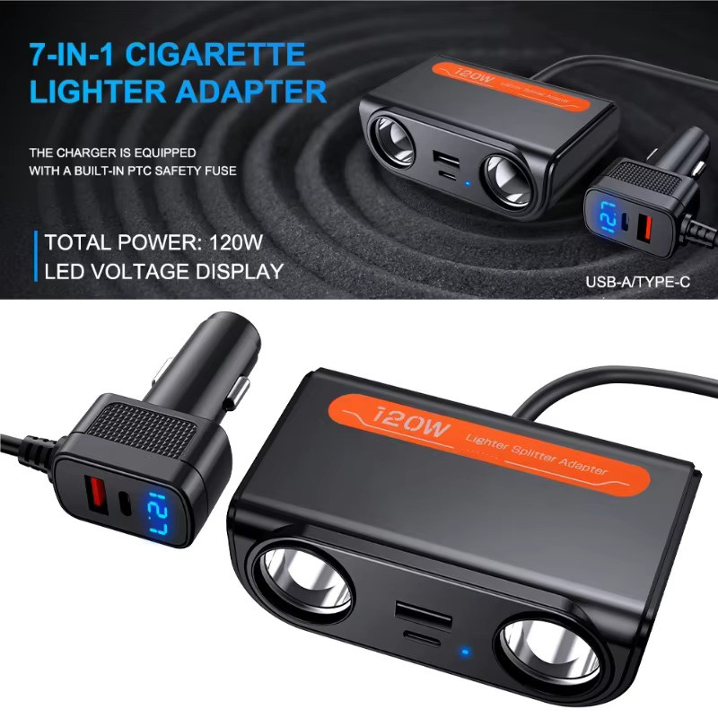 7-in-1 Autoladegerät Adapter mit PD USB-C Schnellladung und LED-Voltmeter in Schwarz - Bild 4