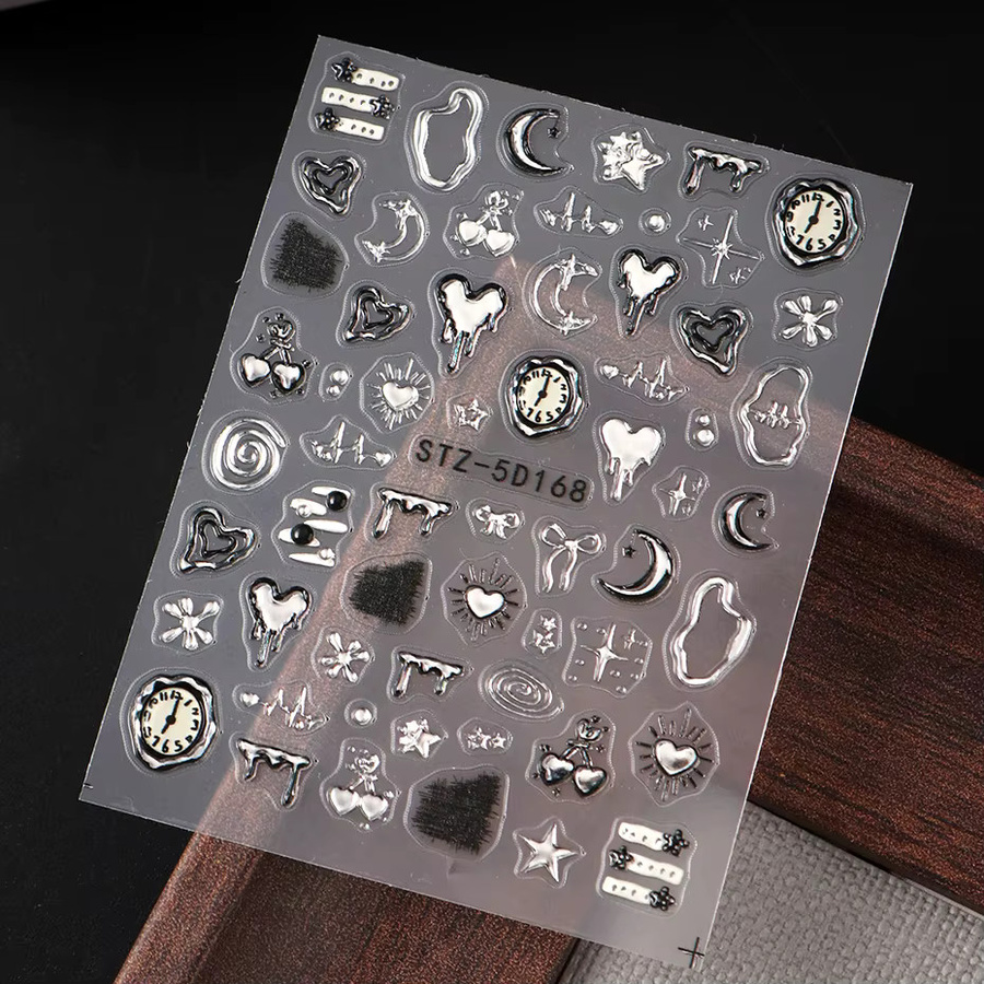 Full Beauty Nagelaufkleber 3D, Silberne Herz-Uhr, Mond Stern Schleifenmuster, 2 Stück - Bild 5