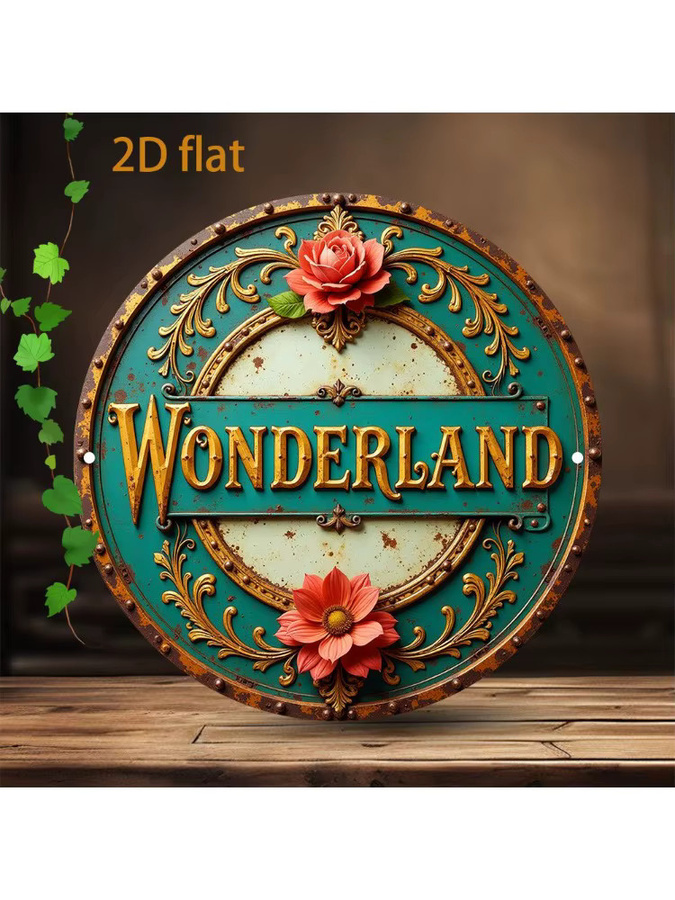 Potdemiel Welcome to Wonderland Vintage-Metallwandkunst, rundes Aluminiumschild mit goldenem Schriftzug und Blumenmotiv in Blaugrün, Durchmesser: 20 cm - Bild 5