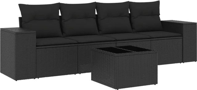vidaXL 5-tlg Garten-Sofagarnitur aus Poly-Rattan mit Kissen in Schwarz - Bild 1