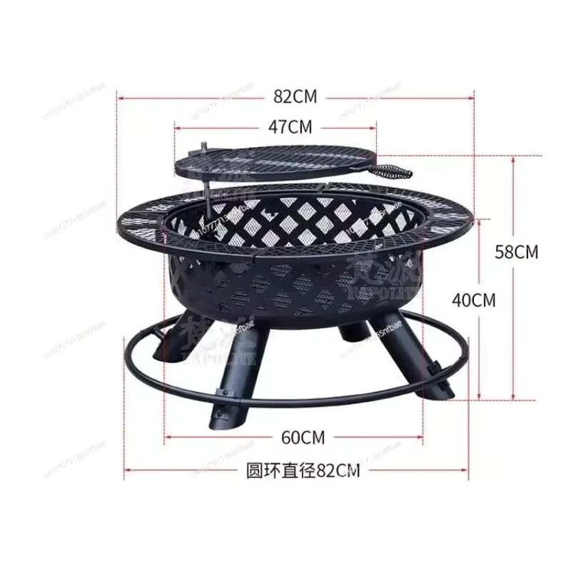 Runde Outdoor-Feuerschale in Schwarz mit Grillrost und Warming Rack für Holzkohle, B/T/H: 82,0 x 40,0 x 40,0 cm - Bild 3