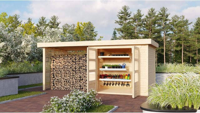 Karibu Gartenhaus mit Feuerholzunterstand und Premium-Aluminiumfolie - Bild 1