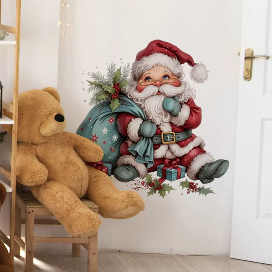BRUP Weihnachts-Wandaufkleber mit Weihnachtsmann und blauem Geschenksack, selbstklebende Weihnachtsdekoration für Wohnzimmer und Schlafzimmer, mehrfarbig - Bild 4