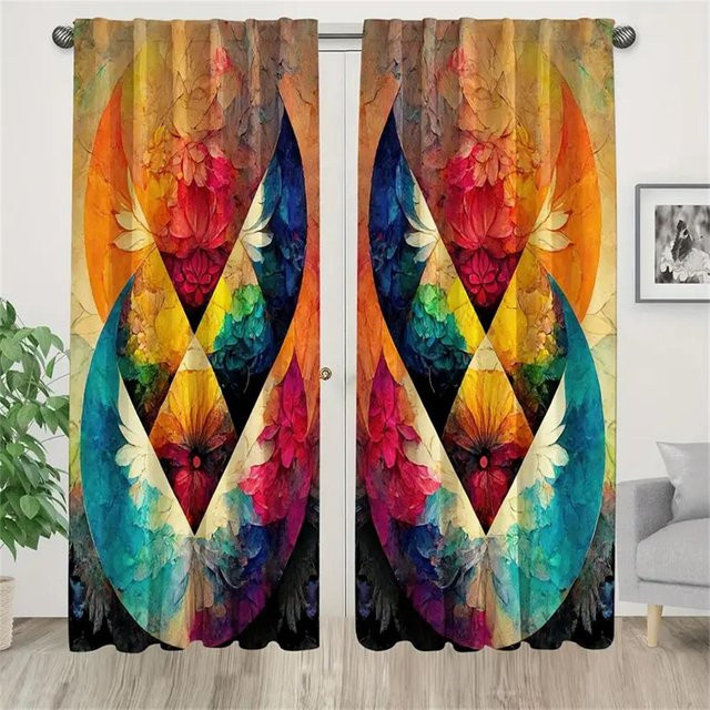 Yiran Furniture Blumen Bemalte Kunstwerk Fenstervorhänge mit Ösen, 2er-Set, Multicolour, Breite: 65 cm, Höhe: 60 cm - Bild 1