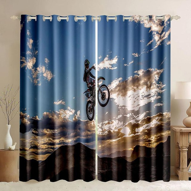 A Family Of Home Textiles Vorhänge mit Berg- und Motorrad-Motiv, 2er-Set, Blau, semi-transparent, B: 50 cm, H: 50 cm - Bild 1
