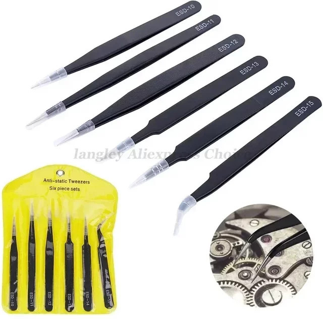 6-teiliges Langley ESD Pinzetten-Set aus Edelstahl in Schwarz für Uhrmacher-Reparatur und Lötarbeiten - Bild 1