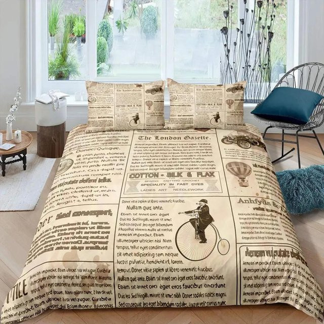 JMG Household Supplies Bettwäsche-Set Vintage Alte Zeitung Design in Braun und Beige, Bettbezug mit Kissenbezug aus Polyester, B/H: 135 x 200 cm - Bild 1