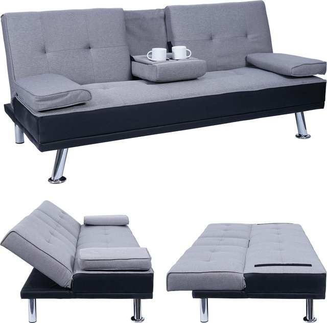 MCW 3er-Sofa F60 Schlafsofa mit Click-Clack-Funktion in Schwarz und Hellgrau aus Kunstleder und Textil - Bild 1