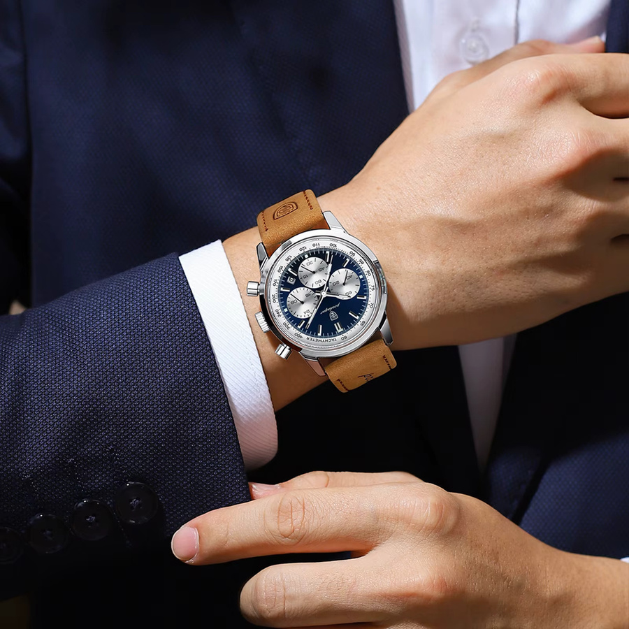 POEDAGAR Chronograph, Quarz, Leder, Herren, Blau, Silber - Bild 5