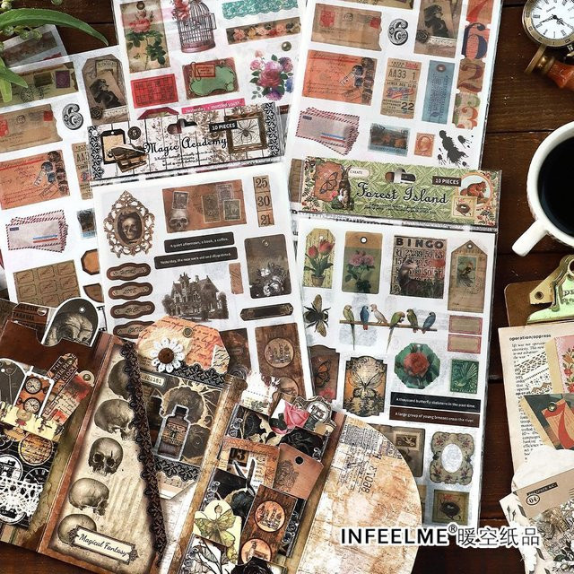 Vintage dekorative Etiketten Aufkleber für Scrapbooking und DIY, 6 Blatt pro Packung, Mehrfarbig - Bild 1