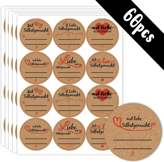 60 selbstklebende Marmeladenetiketten mit 6 süßen Designs, Durchmesser: 4 cm - Bild 1