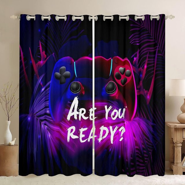 Yiran Furniture Retro Videospiel Controller Vorhänge Set mit Grafikdesign, 2 Stück blickdichte Fenstervorhänge aus Polyester, Multicolor, Höhe: 130 cm, Breite: 100 cm - Bild 1