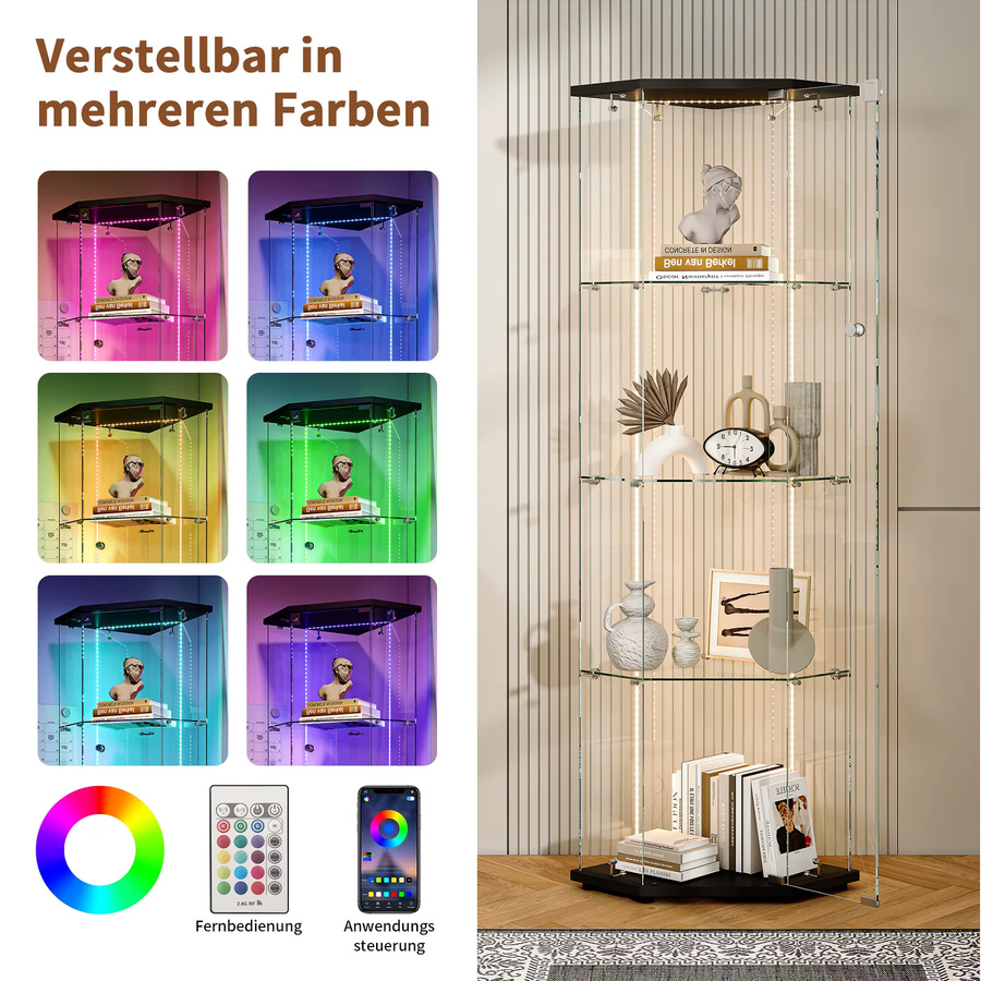 Rosahqnda Eck-Glasvitrine mit LED-Beleuchtung, moderne stehende Ausstellungsvitrine mit Glastüren in Schwarz und Transparent - Bild 5