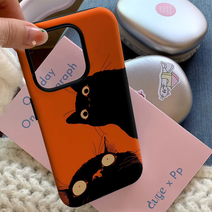Potdemiel Handyhülle Wide-Eyed Black Cats für iPhone 17 16 15 14 13 12 Pro Max Plus mit doppelschichtiger Rückseite in Schwarz und Orange - Bild 5