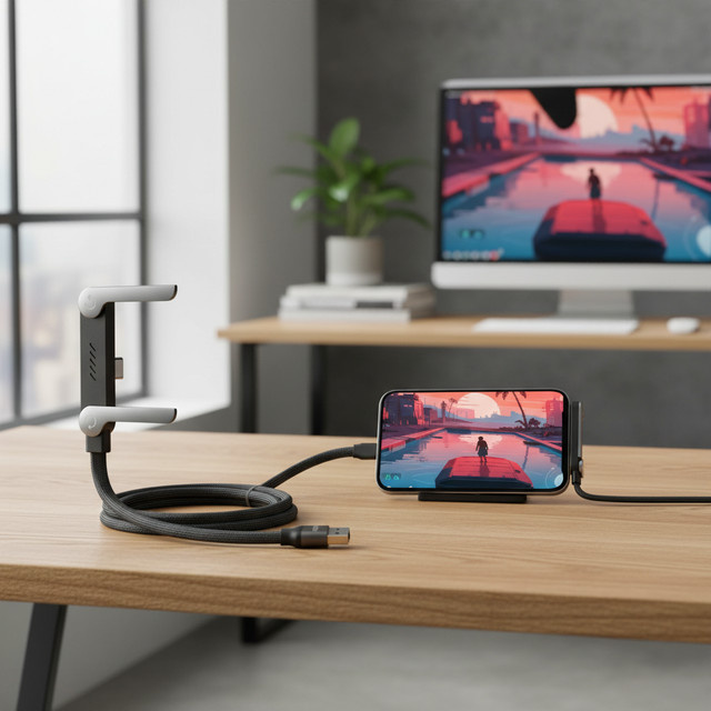 Faltbares 240 W USB-Typ Ladekabel mit integriertem Ständer und Telefonhalter für Telefon und Tablet in Schwarz - Bild 1