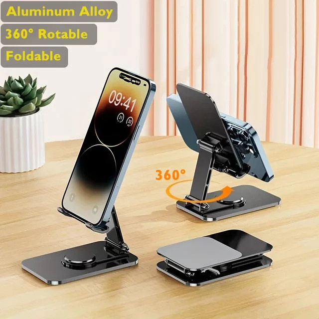 Tragbarer und faltbarer Handy-Ständer aus Aluminiumlegierung in Schwarz mit 360 Grad Drehung für Desktop und Live-Streaming - Bild 1