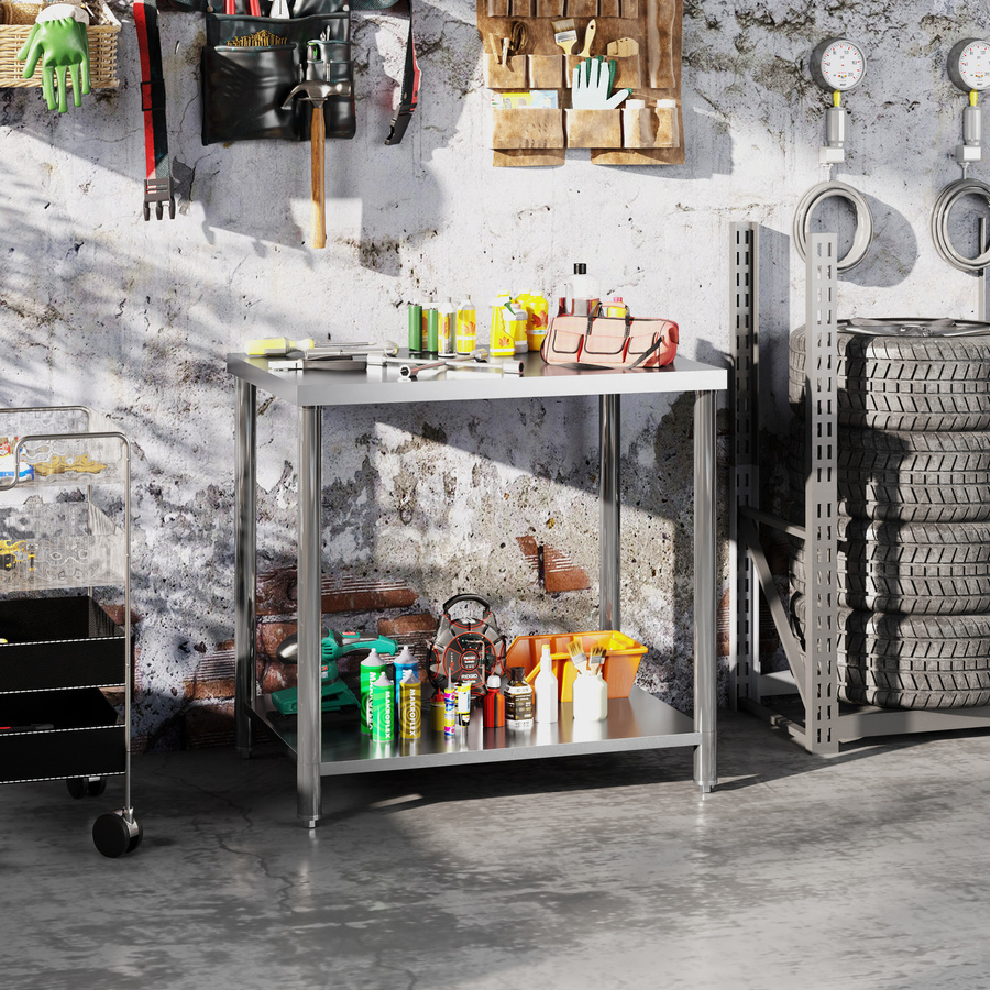 HOMCOM Arbeitstisch aus Edelstahl mit 2 Regalen in Silber, B/T/H: 90 x 60 x 86 cm - Bild 2