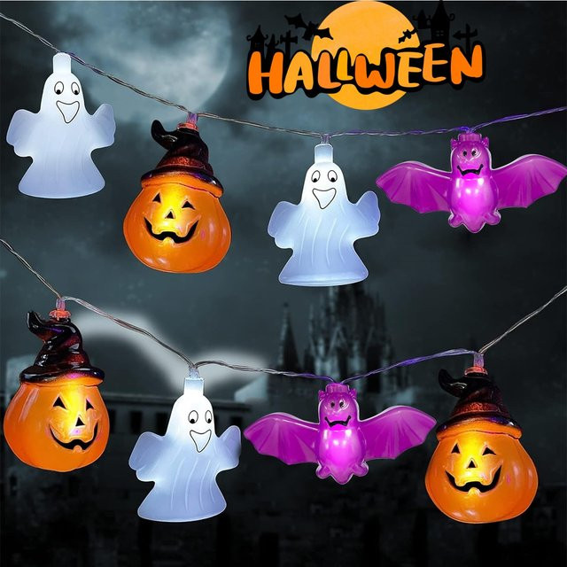 Peach Forest LED Halloween Lichterkette mit Geistern, Fledermäusen und Kürbissen, batteriebetrieben, mehrfarbig - Bild 1