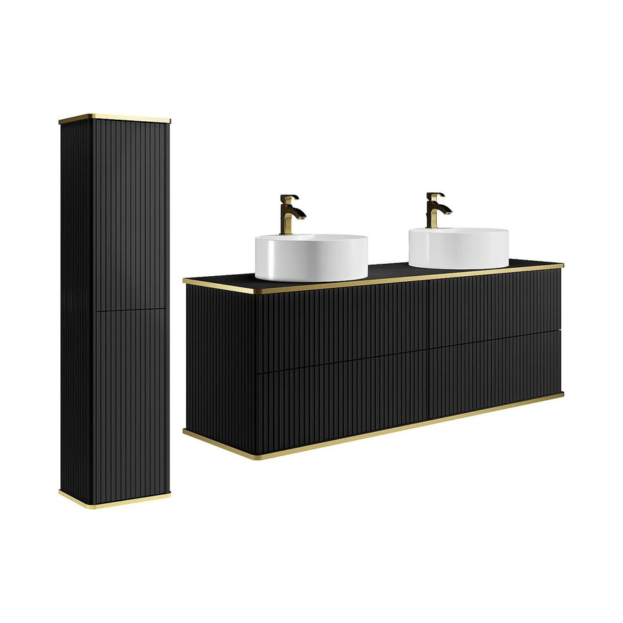Vente-unique Badmöbel-Set Keliza im Art-déco-Stil mit Aufsatzbecken und Hochschrank, Schwarz, Breite: 120 cm - Bild 2