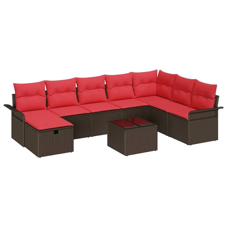 vidaXL Gartensofa-Set aus Poly-Rattan in L-Form mit 9 Kissen in Braun und Rot - Bild 2